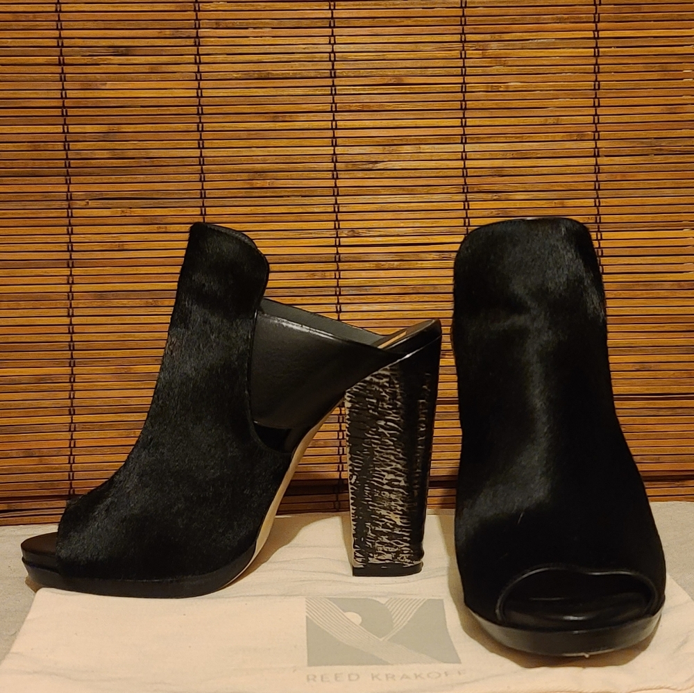 Reed Krakoff, black, haircalf, metallic block heel mules